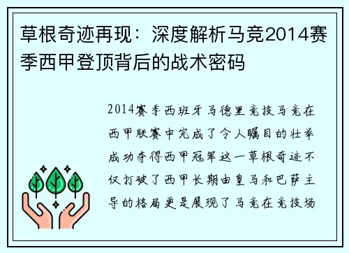 草根奇迹再现：深度解析马竞2014赛季西甲登顶背后的战术密码