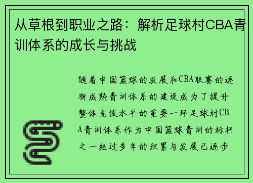 从草根到职业之路：解析足球村CBA青训体系的成长与挑战