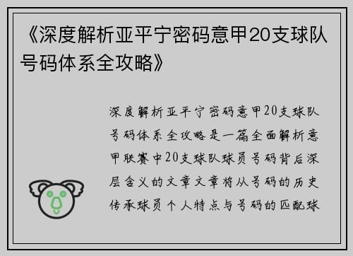 《深度解析亚平宁密码意甲20支球队号码体系全攻略》