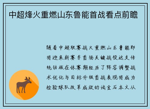 中超烽火重燃山东鲁能首战看点前瞻