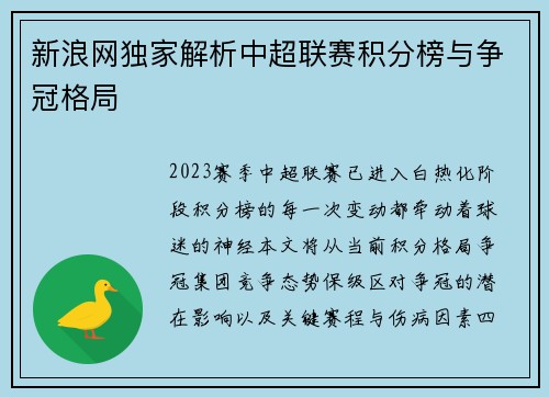 新浪网独家解析中超联赛积分榜与争冠格局